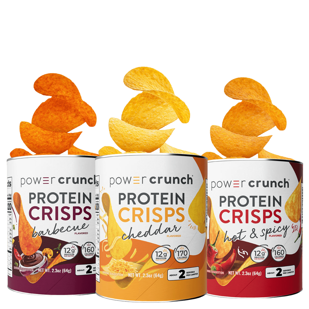 Three cans of Power Crunch Protein Crisps with different flavors on a green background