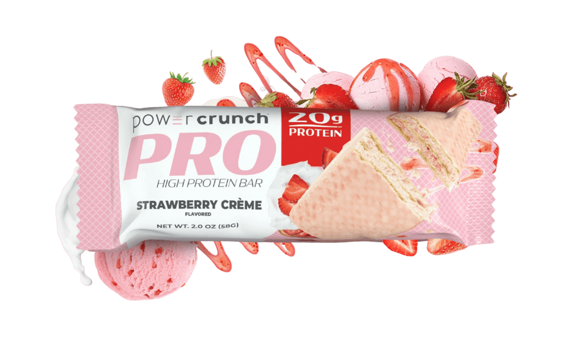 Power Crunch PRO Strawberry 20g protein bars pictured with Strawberry flavor explosion
