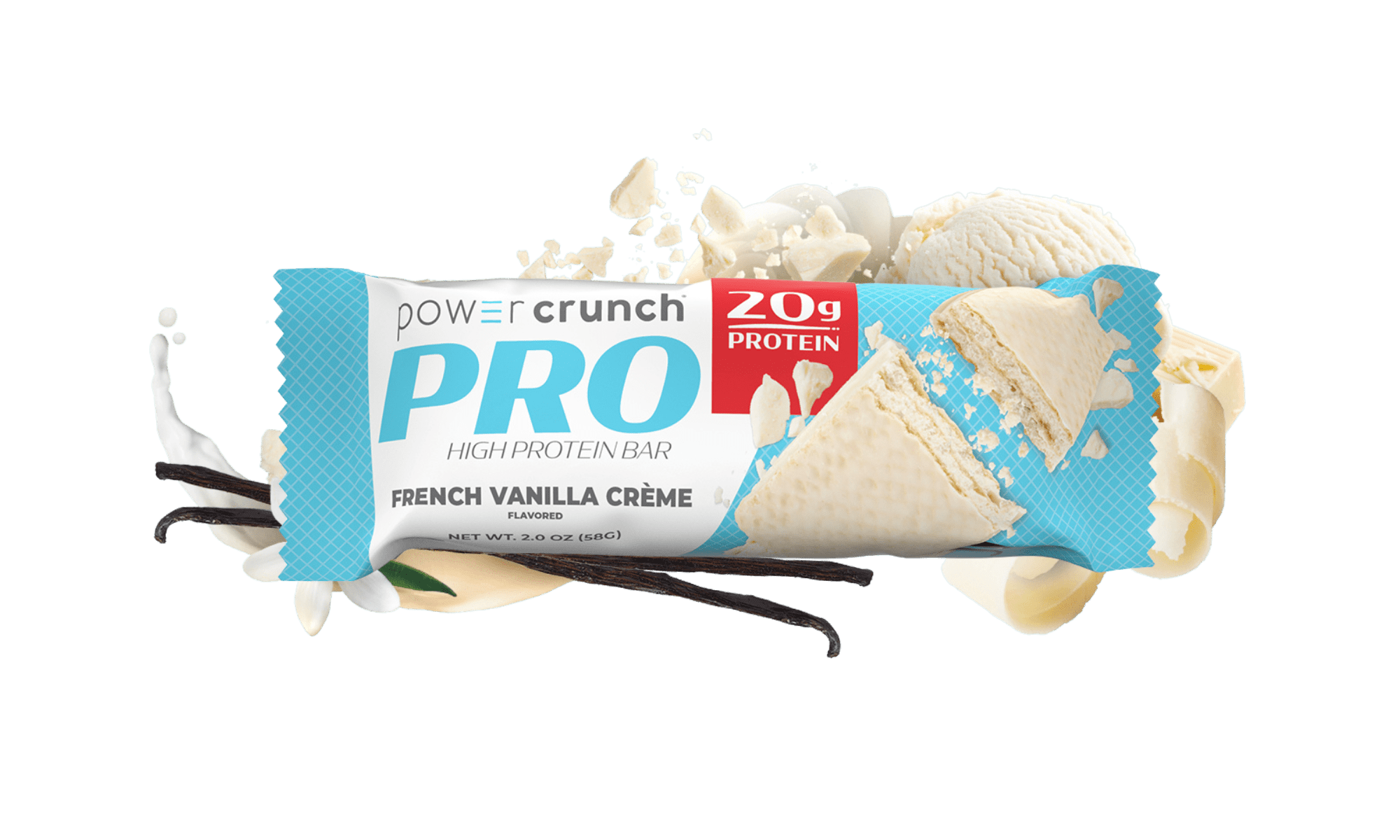Power Crunch PRO French Vanilla 20g protein bars pictured with French Vanilla flavor explosion
