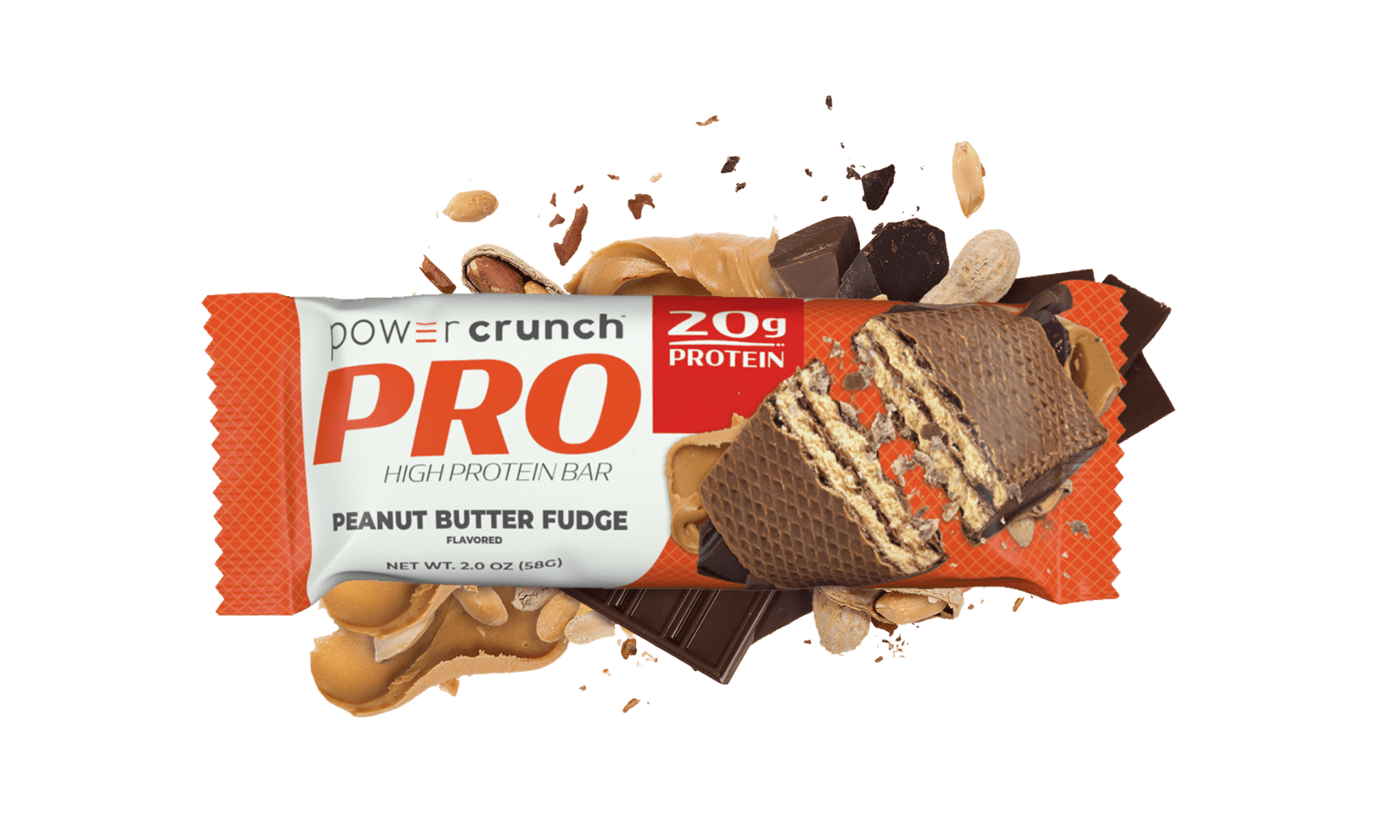 Power Crunch PRO Peanut Butter Fudge 20g protein bars pictured with Peanut Butter Fudge flavor explosion