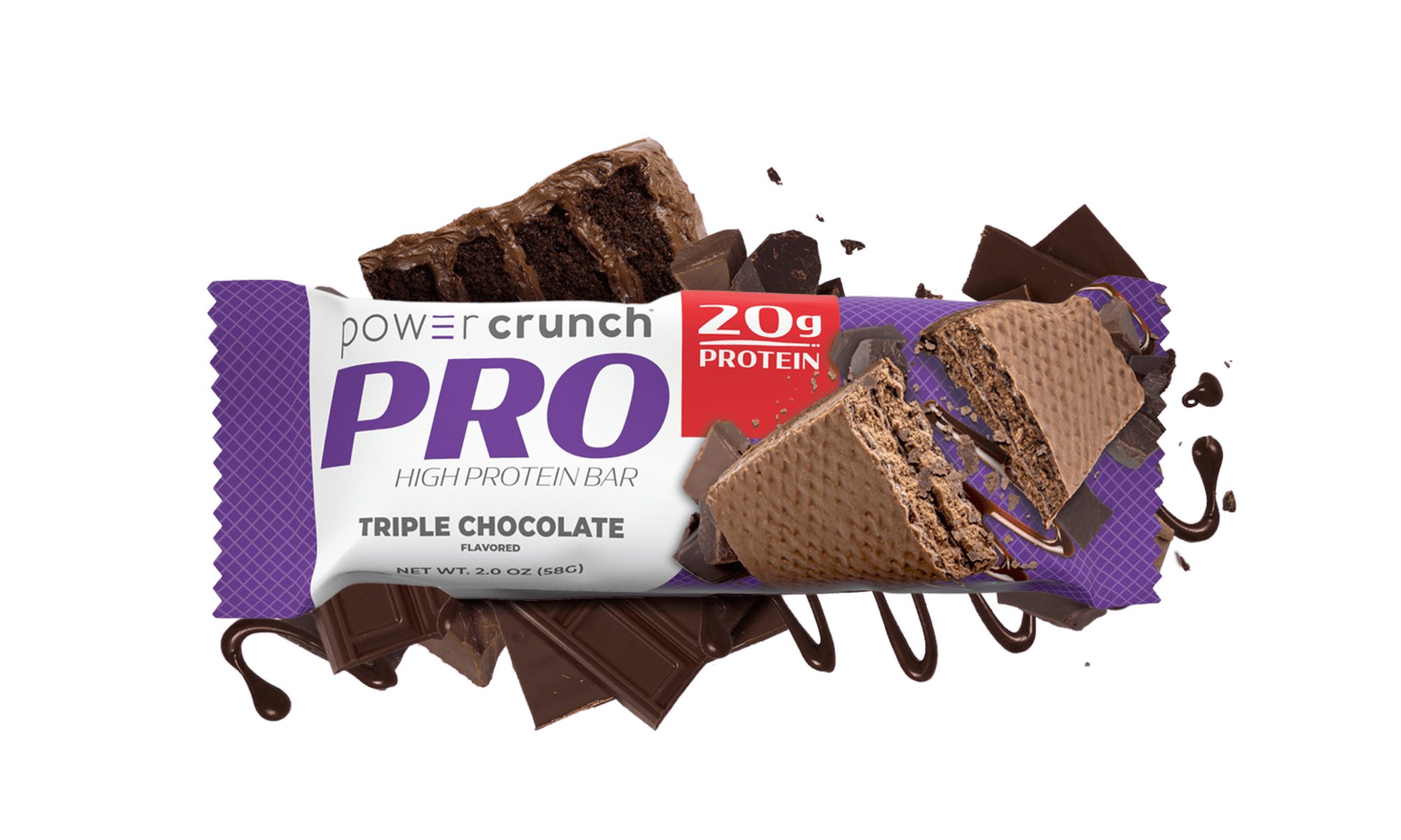 Power Crunch PRO Triple Chocolate 20g protein bars pictured with Triple Chocolate flavor explosion