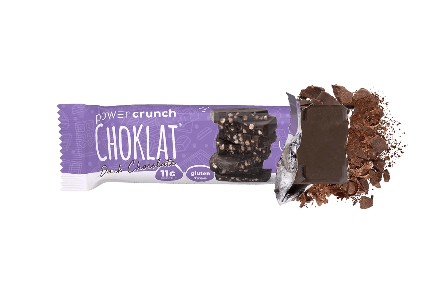 Power Crunch Choklat Dark Chocolate bars pictured with chocolate flavor explosion