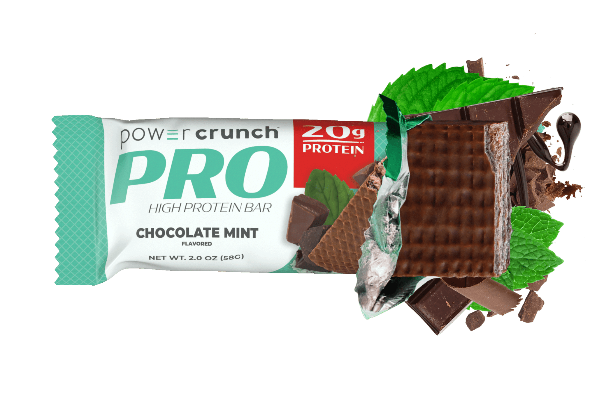 Power Crunch PRO Chocolate Mint 20g protein bars pictured with Chocolate Mint flavor explosion