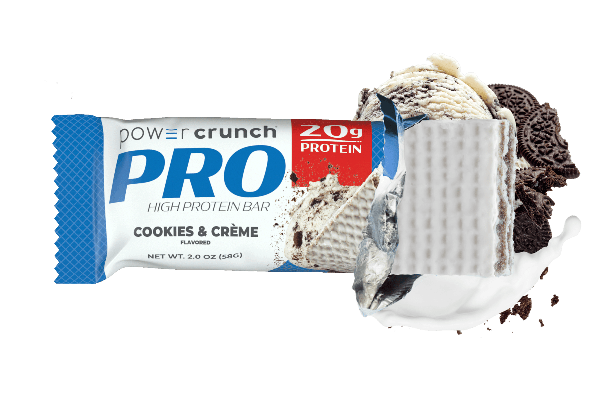 Power Crunch PRO Cookies and Cream 20g protein bars pictured with Cookies and Cream flavor explosion