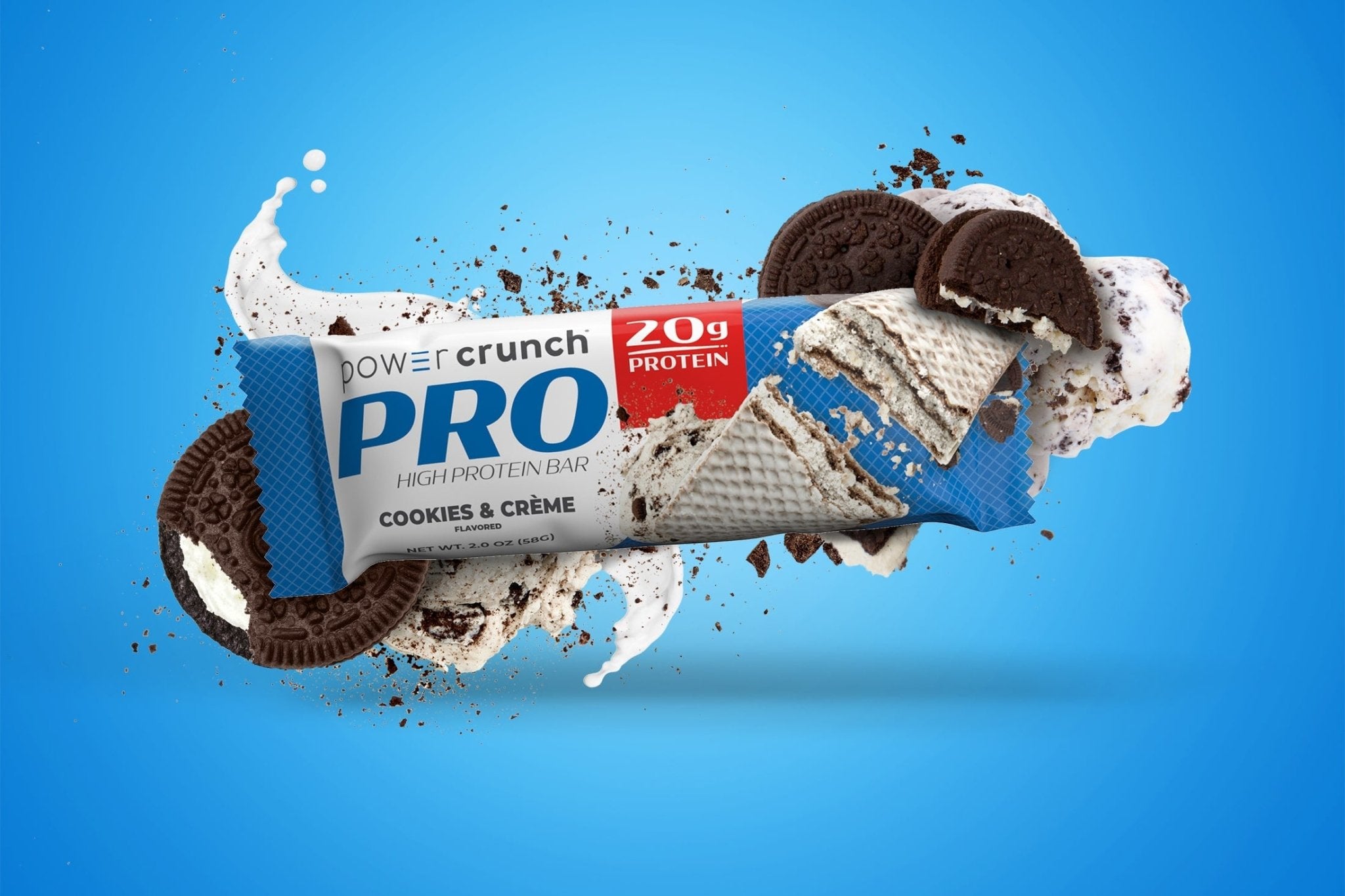 PRO Cookies and Cream 20g protein bars pictured with Cookies and Cream flavor explosion