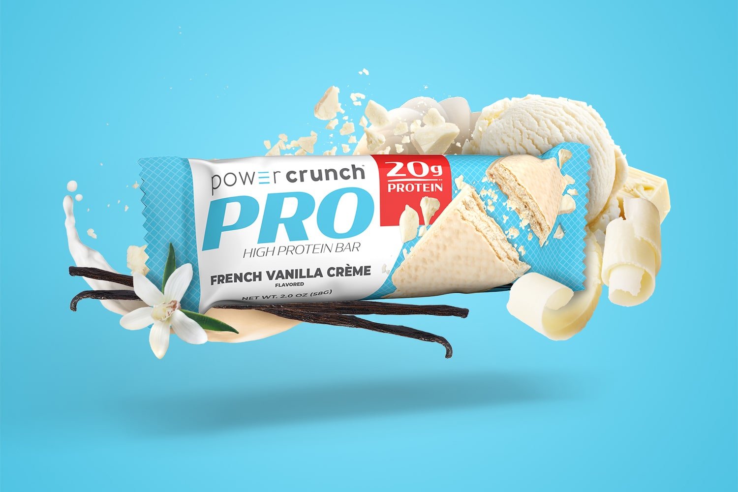 PRO French Vanilla 20g protein bars pictured with French Vanilla flavor explosion