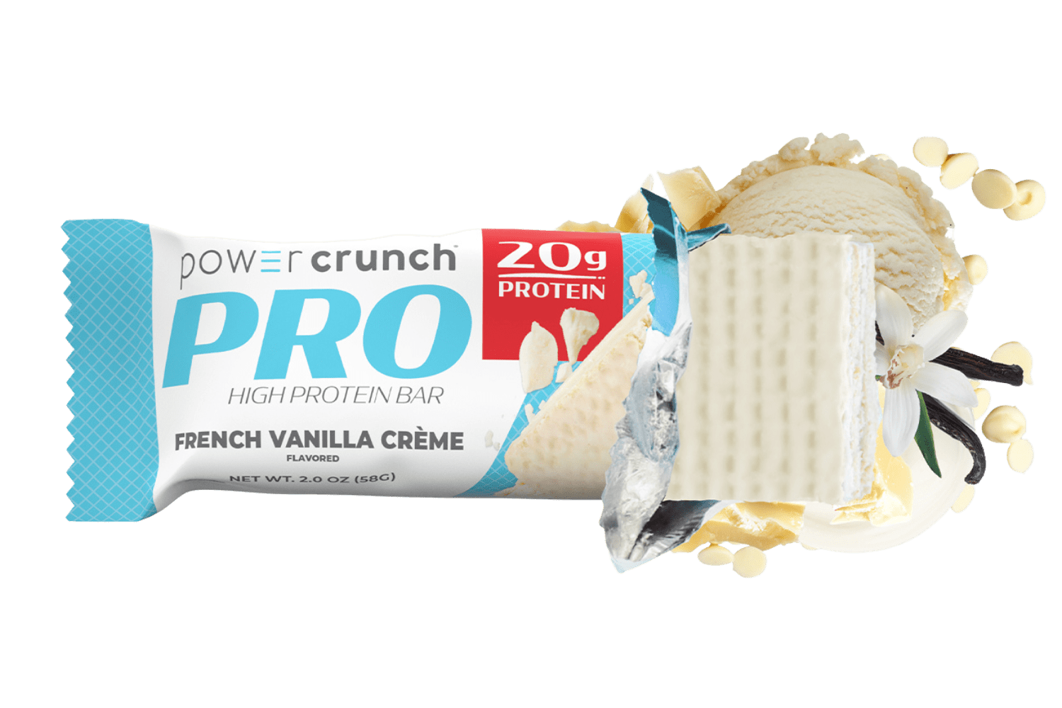 Power Crunch PRO French Vanilla 20g protein bars pictured with French Vanilla flavor explosion