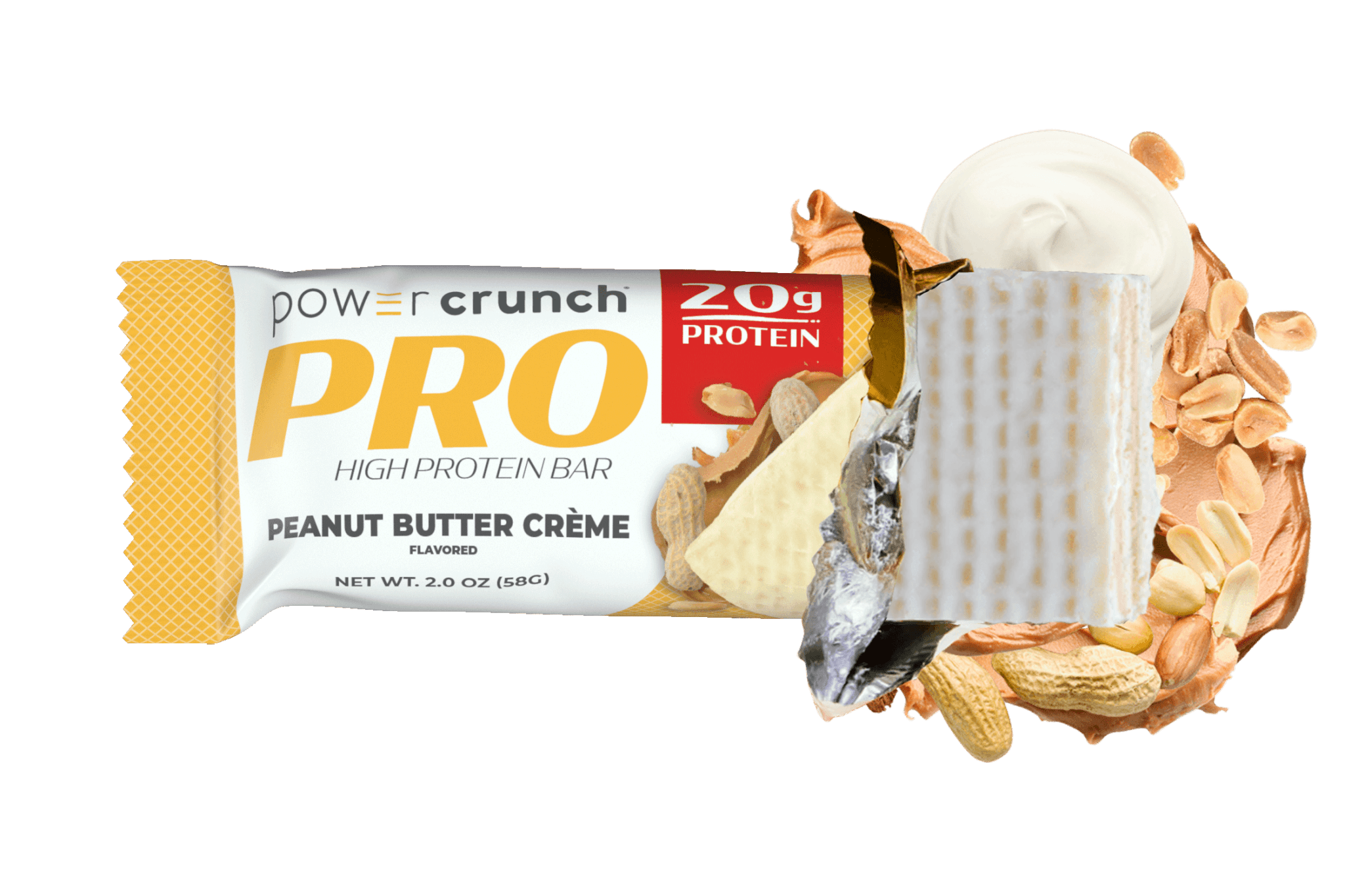 Power Crunch PRO Peanut Butter 20g protein bars pictured with Peanut Butter flavor explosion