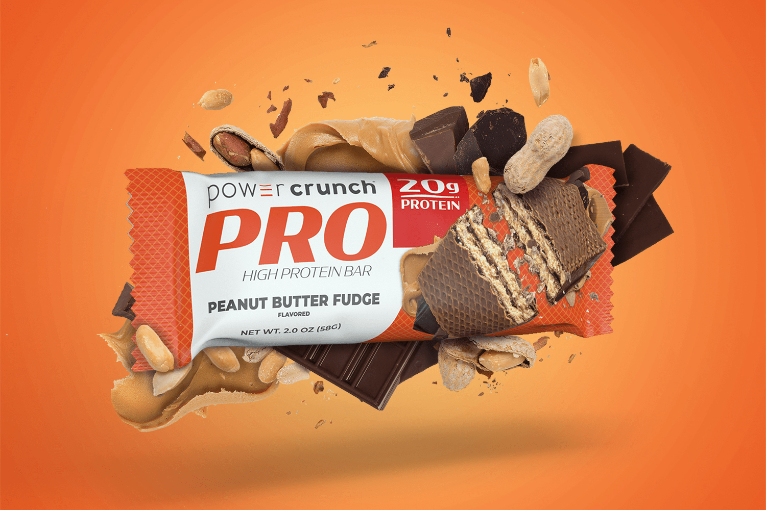PRO Peanut Butter Fudge 20g protein bars pictured with Peanut Butter Fudge flavor explosion