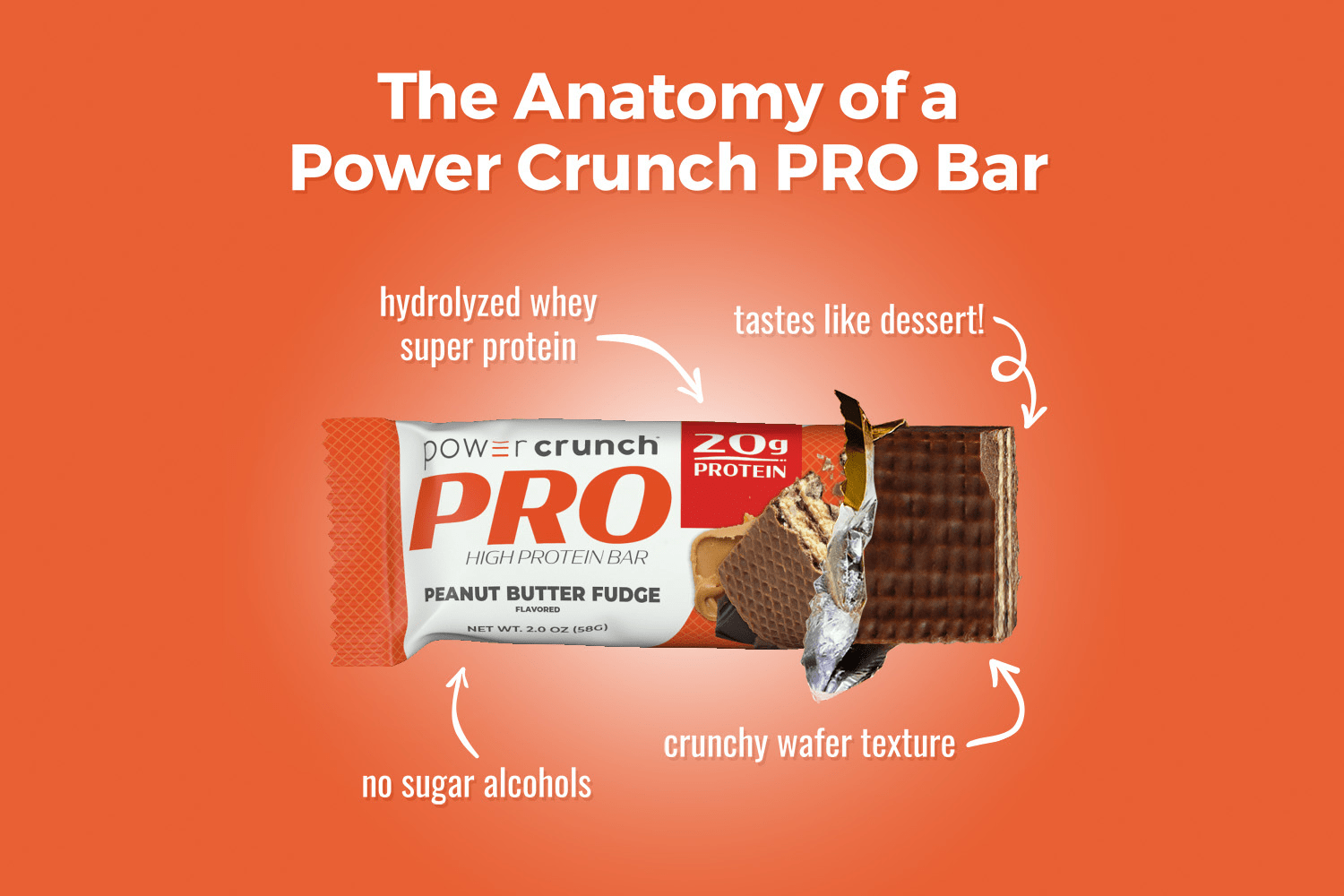 Anatomy of a Power Crunch PRO Peanut Butter Fudge bar with hydrolyzed whey protein, crunchy wafers