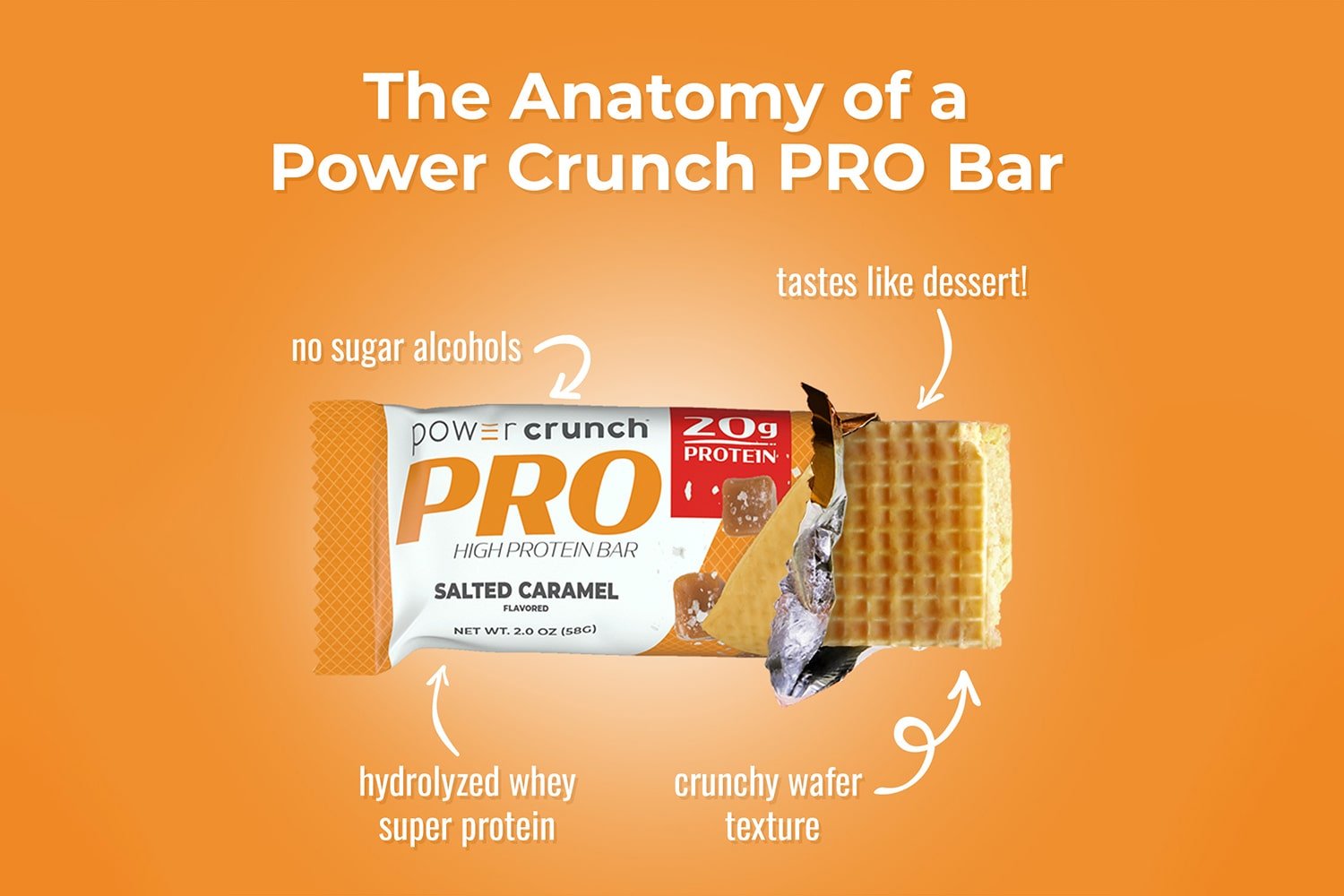 Anatomy of a Power Crunch PRO Salted Caramel bar with hydrolyzed whey protein, crunchy wafers