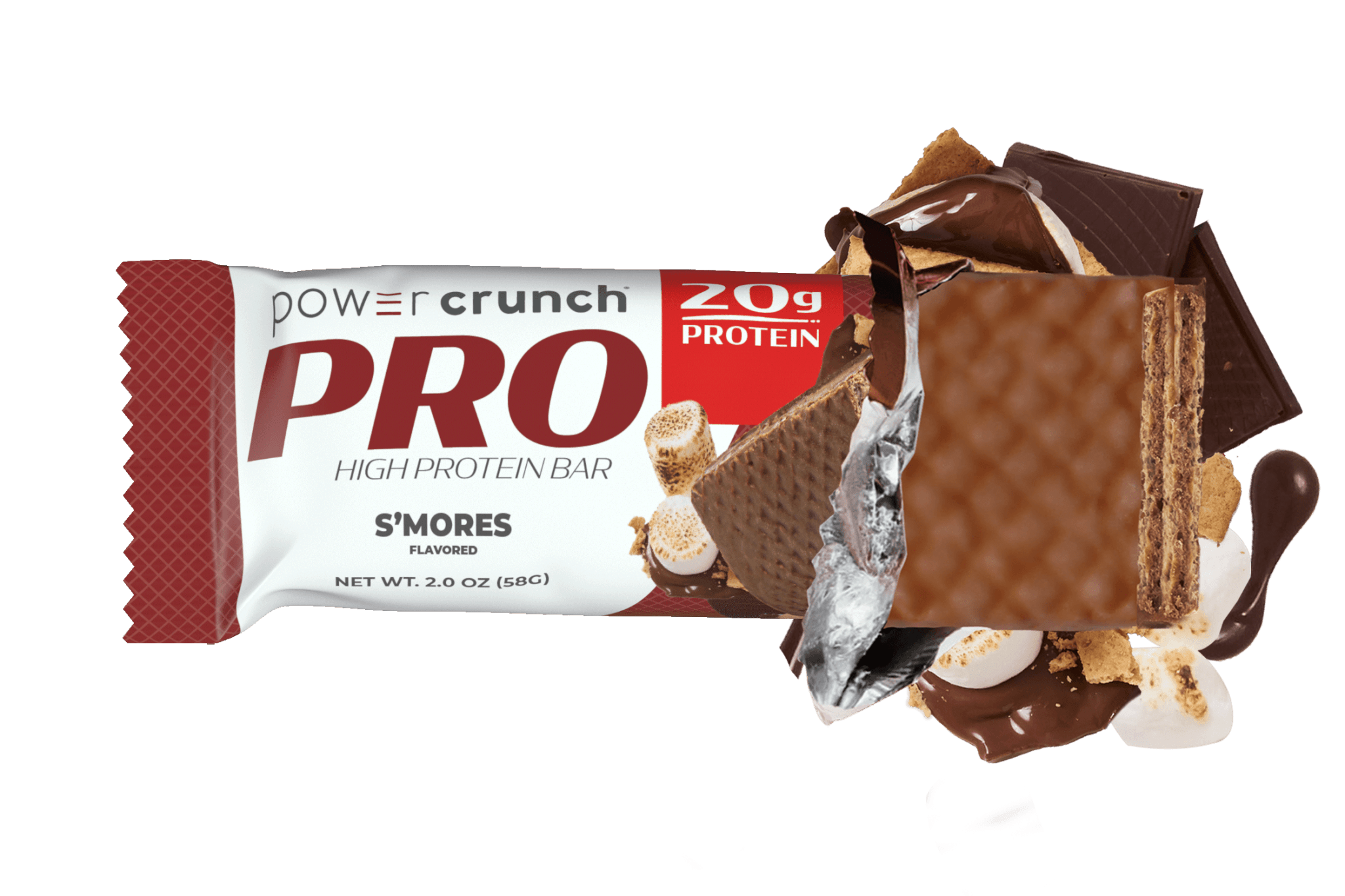 Power Crunch PRO S'mores 20g protein bars pictured with S'mores flavor explosion
