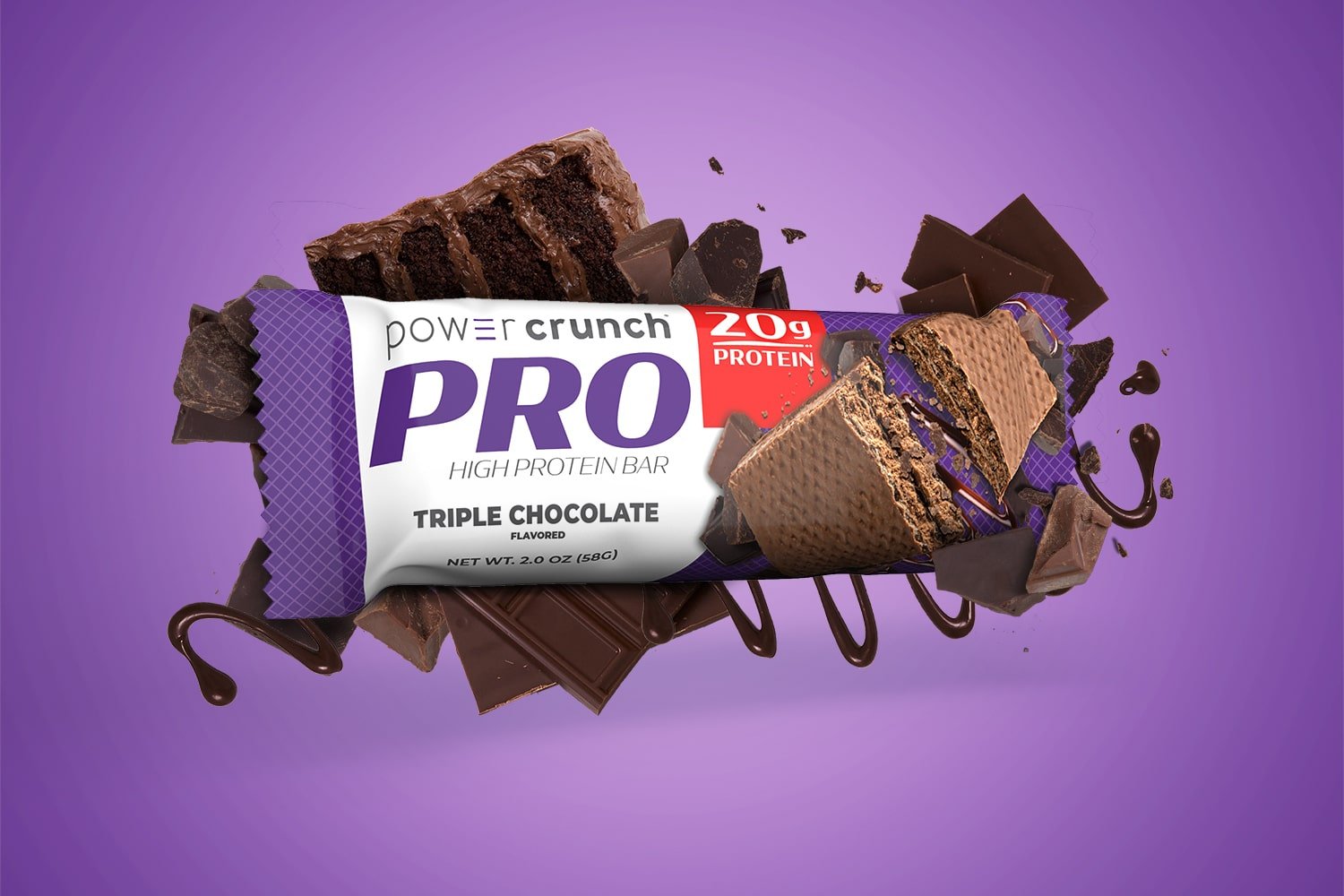 PRO Triple Chocolate 20g protein bars pictured with Triple Chocolate flavor explosion