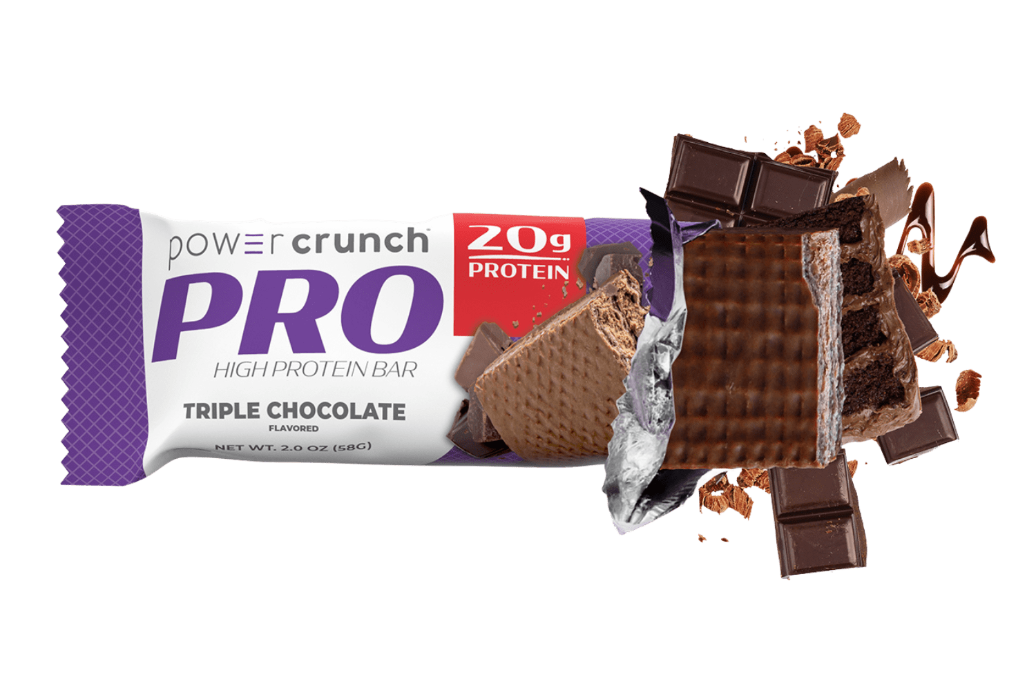 Power Crunch PRO Triple Chocolate 20g protein bars pictured with Triple Chocolate flavor explosion